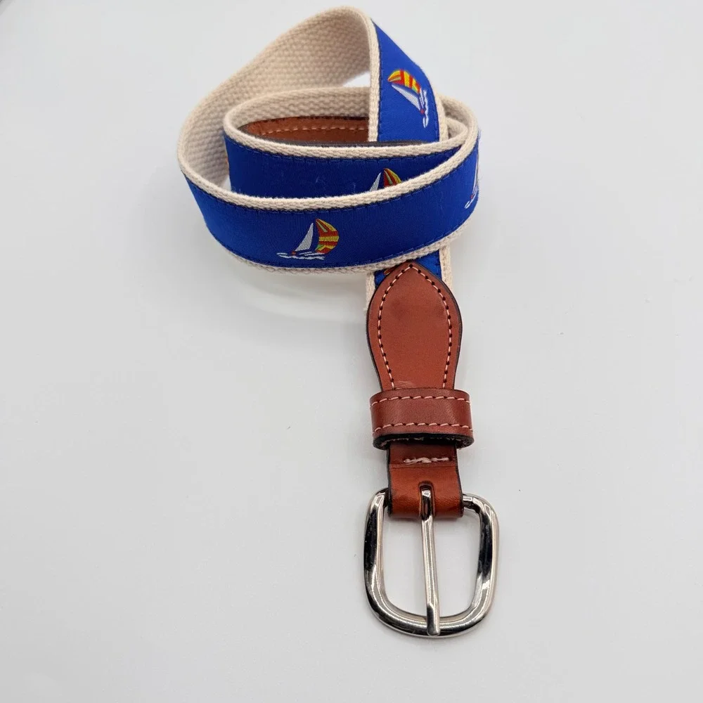 Sailboat Ribbon Belt Mens 30 Blue Canvas Leather Trim Nautical‎ Preppy Coastal